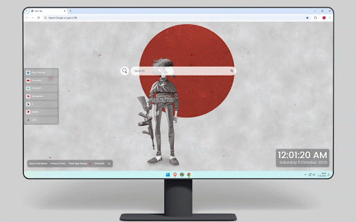Gorillaz Noodle Live Wallpaper :: Anime warrior character in monochrome with iconic red sun and floating petals backdrop.
