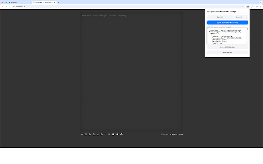 Site Data Exporter :: Export & import cookies and localStorage for the current site. 100% local processing, no data sent anywhere.
