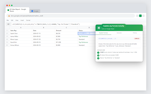 Sheets Formula Explainer :: Understand any Google Sheets formula instantly. AI explains formulas in plain English and generates new ones from descriptions.