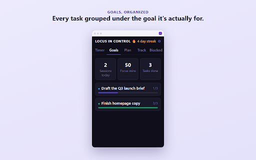 LocusInControl: Goal-Oriented Focus Timer :: Focus timer for easily distracted minds — automatic Pomodoro loops, goal tracking, and site blocking.