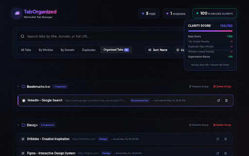 TabOrganized :: A gorgeous, minimalist dashboard to list, search, and organize tabs across all windows with keyboard-first shortcuts.