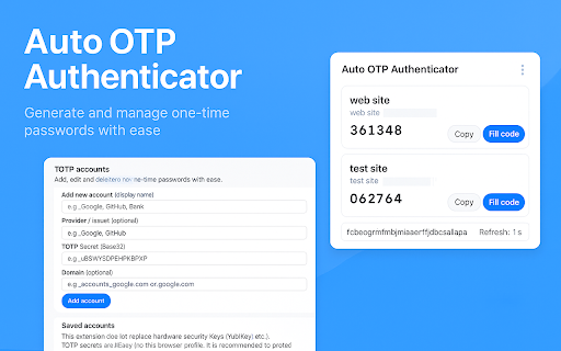 Auto OTP Authenticator :: Multi-language TOTP (2FA) code manager that auto-fills one-time codes on verification forms.
