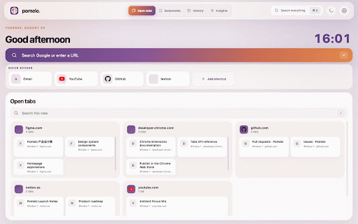 Pomelo Tab :: Turn every new tab into a calm workspace for tabs, bookmarks, history, shortcuts, search, and local usage insights.