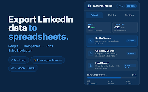 LinkedIn Scraper: Export Profiles, Jobs, Posts & Sales Navigator to Excel :: LinkedIn profile scraper and Sales Navigator scraper. Export profiles, jobs, posts, companies to Excel or CSV · by Mastros