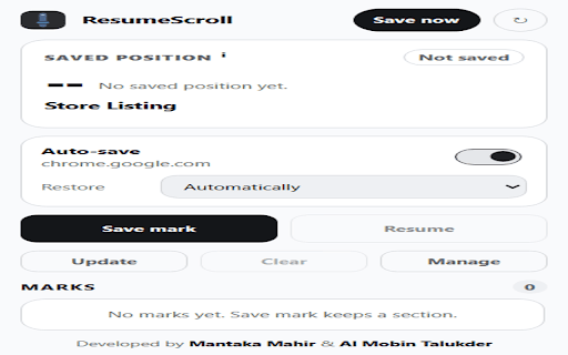 ResumeScroll - Scroll Position Saver :: Automatically save and restore your scroll position on any website. Resume articles, docs, papers, and research where you left off.