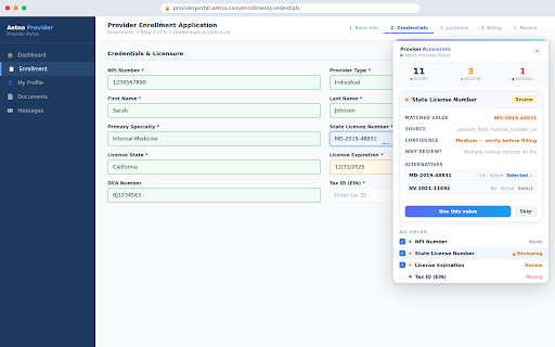 Provion Accelerate :: Human-in-the-loop portal assist for Provion enrollment workflows.