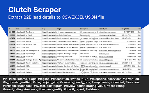 Clutch Scraper - Extract Business Database from Clutch.co :: Scrape clutch.co B2B leads. Extract the company name, page URL, ratings, social links and more from Clutch.co listing page link