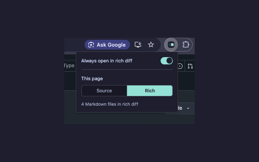 Auto Rich Diff for GitHub :: Switches Markdown files to GitHub's rich diff in bulk when you open a pull request diff.
