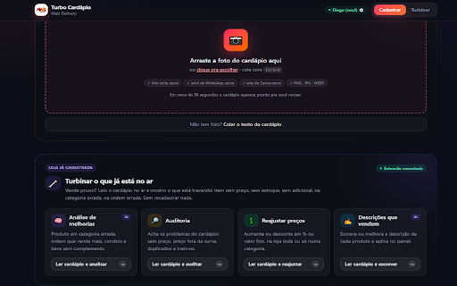 Turbo Cardápio — Mais Delivery :: Cadastra e mantém cardápios no painel Mais Delivery a partir do app Turbo Cardápio, sempre sob aprovação do usuário.