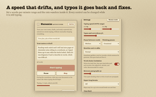 Humanize Autotyper: Auto Typer for Google Docs & Any Site :: Turn your own notes, drafts, and study material into natural on-screen typing, without manually retyping everything.