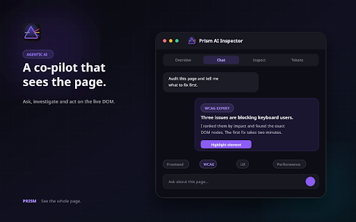 Prism – AI Website Audit & Inspector :: Audit accessibility, SEO, UX, performance and security. Inspect elements, extract design tokens and get AI-powered fixes.