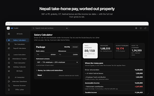 HR Toolkit — Nepal Payroll, Leave, BS Date & Hiring Tools :: 15 HR tools in one popup: Nepal salary & tax, payroll, leave, attendance, BS date, holidays, JD, offer letters, resume scan.