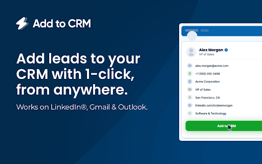 Add to CRM for Salesmate: Email Finder & Enrichment :: Enrich & add prospects to Salesmate in one click — verified emails, phone numbers & 20+ data points. 220M+ contacts.