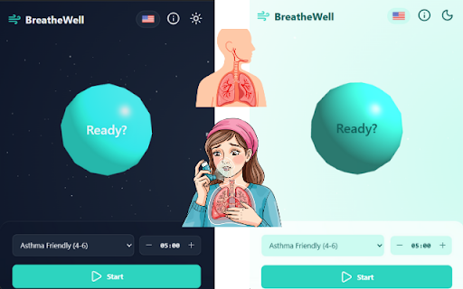 BreatheWell - Respiration 3D :: Exercices de respiration guidée multilingues (Français, Kurde, Arabe, etc.) avec visualisation 3D.