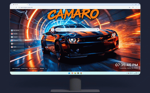 Chevrolet Camaro Live Wallpaper :: Chevrolet Camaro racing through neon tunnel with speed blur and orange lighting effects.