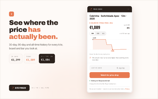 Kite Pinger :: Price history and buy-timing for kite gear, at the moment you're looking.