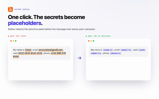Sether Shield — PII guard for AI chat :: Catches personal data in your prompt before it reaches ChatGPT, Claude, or Gemini. 100% local — nothing leaves your browser.