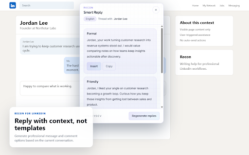 Recon - LinkedIn AI Writing Assistant :: Profile insights, replies, connection notes, and post drafting for LinkedIn. User-triggered only. No auto-send or automation.
