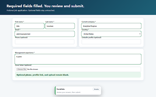 FormFolio - Free AI Job Form Autofill :: Free AI-assisted job autofill with Chrome's on-device Gemini Nano on supported computers. No subscription required.