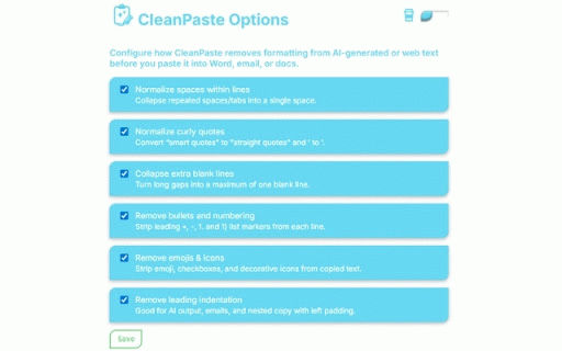 CleanPaste – AI and Web Text Cleaner :: Strip AI/web text formatting before pasting into Word, email, or docs. Clean bullets, spacing, quotes and more.
