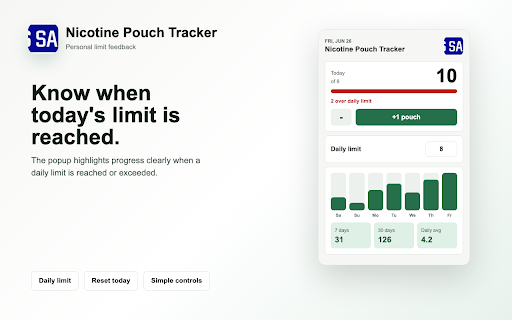 Nicotine Pouch Tracker :: Theo dõi lượng túi nicotine dùng mỗi ngày, đặt giới hạn cá nhân và xem thống kê tuần/tháng.
