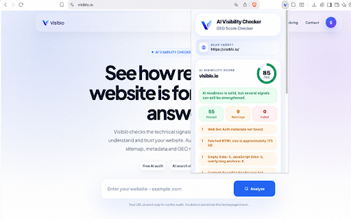 AI Visibility Checker - GEO Score Check :: Run a quick AI visibility scan for the current page and open the full Visiblo report when needed.