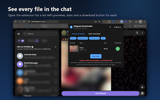 Telegram Web Downloader :: Download photos, videos, audio and documents from Telegram Web.