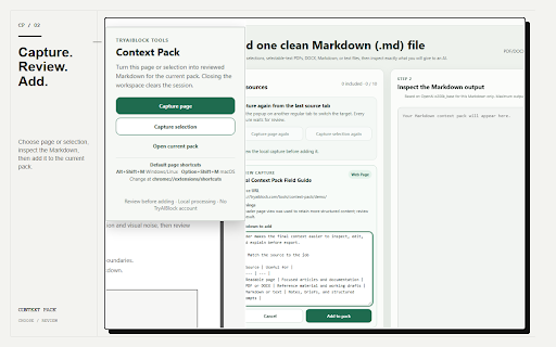 Context Pack — Files & Web to Markdown :: Convert web pages, selections, PDF, DOCX, Markdown, and text into one clean Markdown (.md) file — locally.