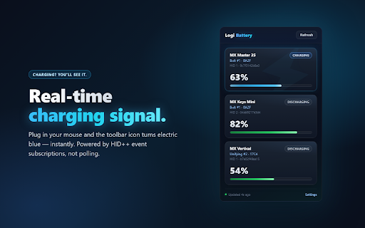 Logi Battery Dashboard :: Live battery levels for Logitech wireless mice & keyboards. Charging indicator, low-battery alerts, fully local.