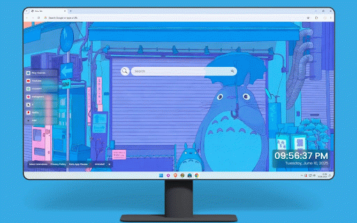 My Neighbor Totoro Aesthetic Live Wallpaper :: Totoro and friends in dreamy blue-toned Japanese street scene with vending machines and umbrellas.