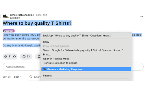 AI Marketing Helper :: Generate marketing responses using AI for any website