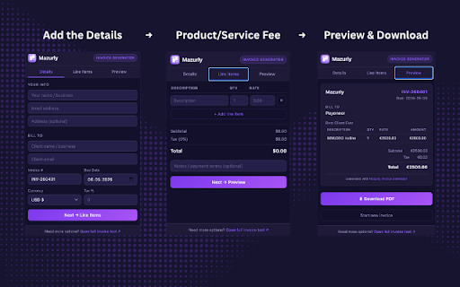 Free Invoice Generator by Mazurly :: Generate professional invoices instantly — free, no signup. By Mazurly.