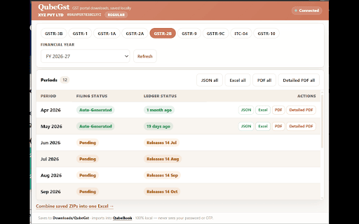 QubeGst — GST Downloader :: Download your GST returns from gst.gov.in locally — uses your own logged-in session, never your password or OTP.