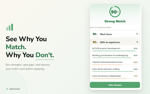 JobInstant - Resume Match Score & ATS Keyword Checker for Job Boards :: Resume match score & missing ATS keywords on every LinkedIn or Indeed job. Tailor your resume in one click. No account.