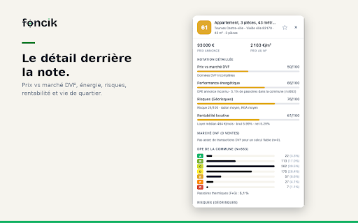 Foncik — Notation immobilier :: Notez les annonces immobilières : prix vs marché, DPE, risques, rentabilité, quartier. Sur 6 portails français, sans compte.
