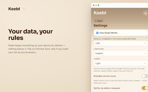 Keebi — Subscription Tracker :: Private subscription tracker — renewal reminders, calendar view, and monthly/yearly spending totals, all on your device. 🐾