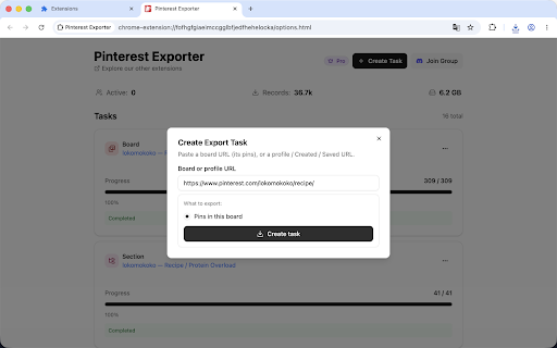Pinterest Exporter :: Save your Pinterest boards, sections, and pins to your computer. Downloads images, videos, and a CSV with full metadata