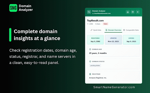 SNG - Domain Analyzer :: Right-click any domain to instantly open a modern UI with links to domainer tools. Powered by Smart Name Generator.