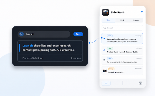 Side Stash :: Save text, links, and images to a private side panel. Search, filter, and copy — all stored locally.
