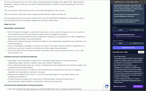 GetHired.work — Cover Letter Generator :: Generate AI cover letters from any job listing. Sidebar panel for GetHired.work.