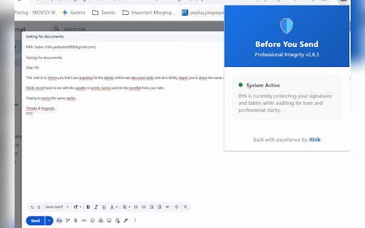 Before You Send – Gmail Safety Check :: Instantly audit Gmail drafts for grammar and professional tone before they are sent.