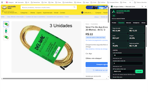 Alcajuza Sellers — Mercado Livre :: Analise anúncios do Mercado Livre: custos, margem, visitas e scores — no painel lateral do Chrome.