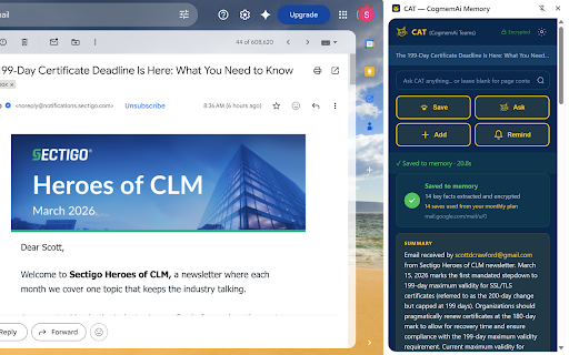 CAT — CogmemAi Memory :: Save and recall knowledge from any webpage or email. One click to remember, one click to recall.