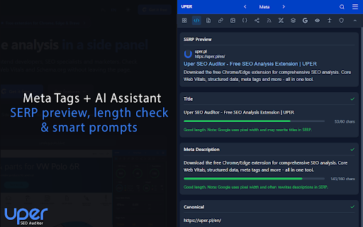 Uper SEO Auditor :: All-in-one SEO auditor in your sidebar — meta tags, schema, links, images, 7K+ technologies and more. 100% local, no account needed.