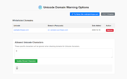Unicode Domain Warning :: Shows a warning when visiting a domain with Unicode characters, and displays the non-Unicode "Punycode" version of the domain.