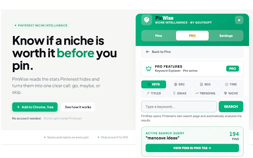 PinWise - Pinterest Pin Stats, Keyword & Niche Finder :: Discover profitable Pinterest niches, see hidden pin stats, find trending keywords, and track competitors on Pinterest.