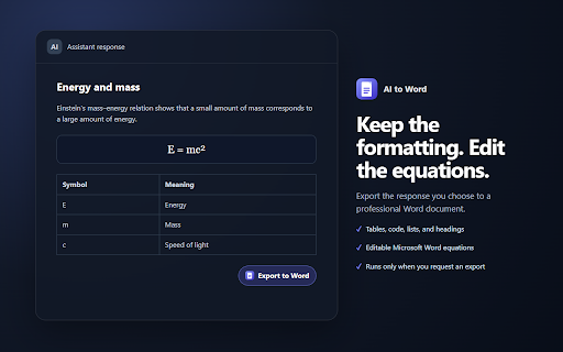 AI to Word – Export AI Chats :: Export selected AI responses to Word with rich formatting, embedded visuals, tables, footnotes, references, and editable equations.