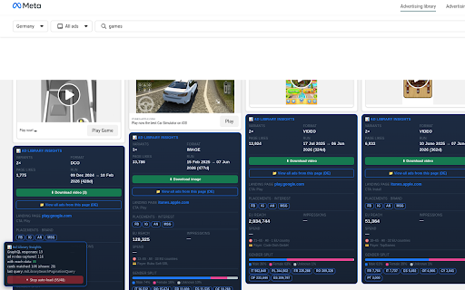 FB Ad Library Insights :: Injects hidden EU transparency data (reach, impressions, spend, demographics, run dates) onto each card in the Facebook Ad Library.