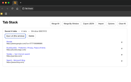 Tab Stack :: Collect tabs into a list, restore them later, and save memory.