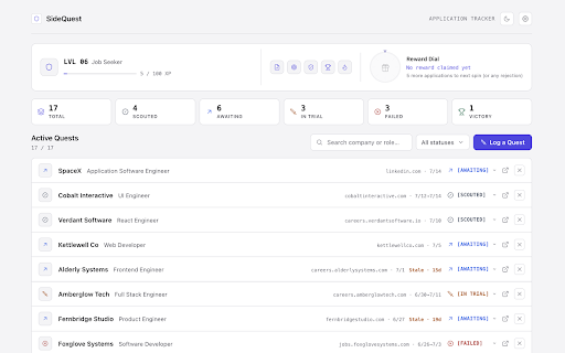 SideQuest :: A gamified job application tracker.